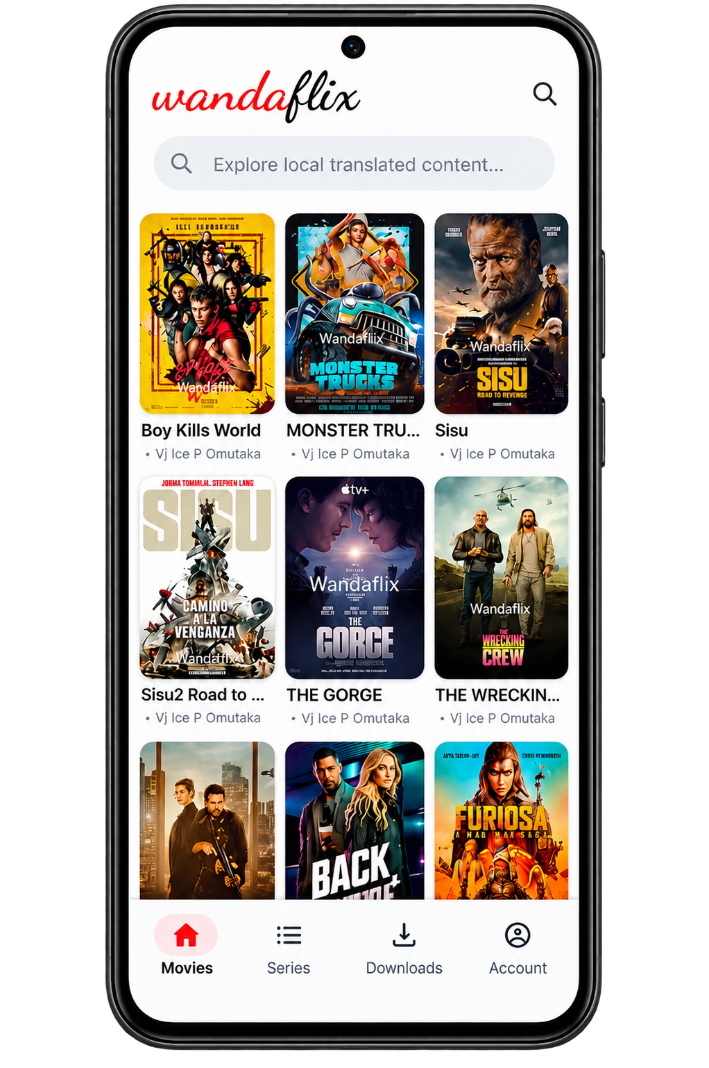 Wandaflix mobile app showing its movie library